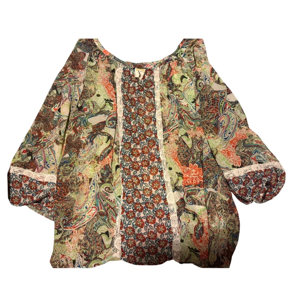 Fig and Flower Petite XL Paisley Floral Lace Trim Blouse Multicolor Boho Top
